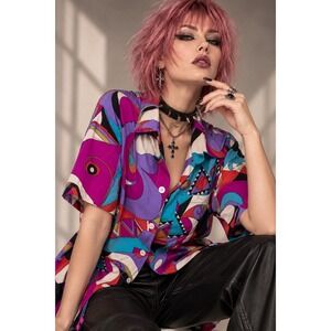 Diane Freis Small Silk Blouse Multicolor Abstract Print Vintage 80s 90s